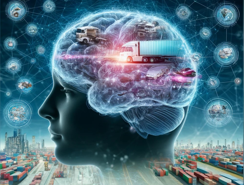 Illustration of human brain integrated with logistics and freight systems, representing the psychology of logistics and human factors in freight forwarding