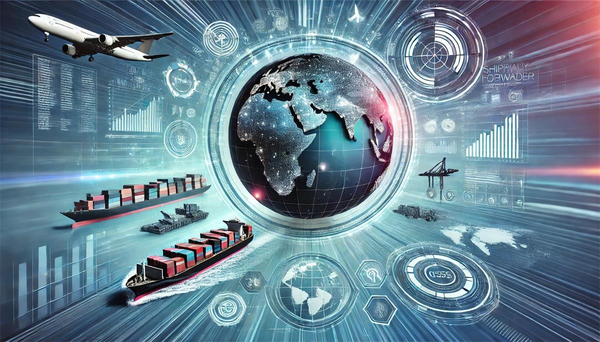 Global logistics concept with cargo ships, planes, and digital data illustrating the benefits of digital forwarding services.