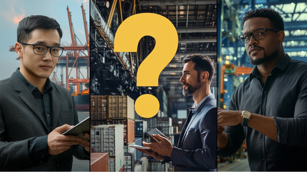 Three freight forwarders with a question mark, representing different logistics roles