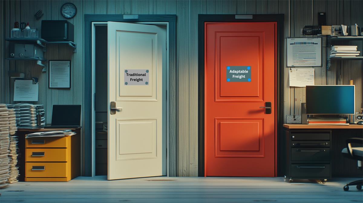Two doors: 'Traditional Freight' with paperwork and phones vs. 'Adaptable Freight' with modern technology