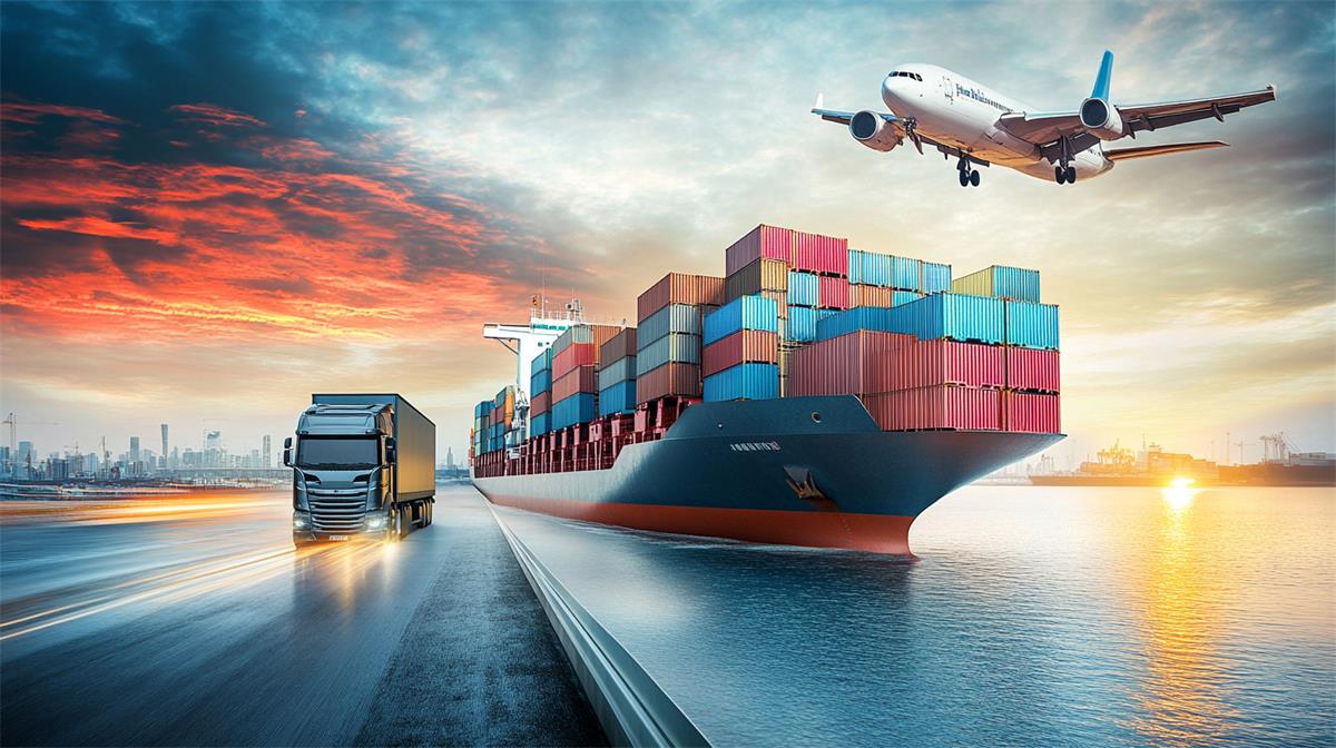 Cargo ship, truck, and airplane transporting goods for global trade and logistics