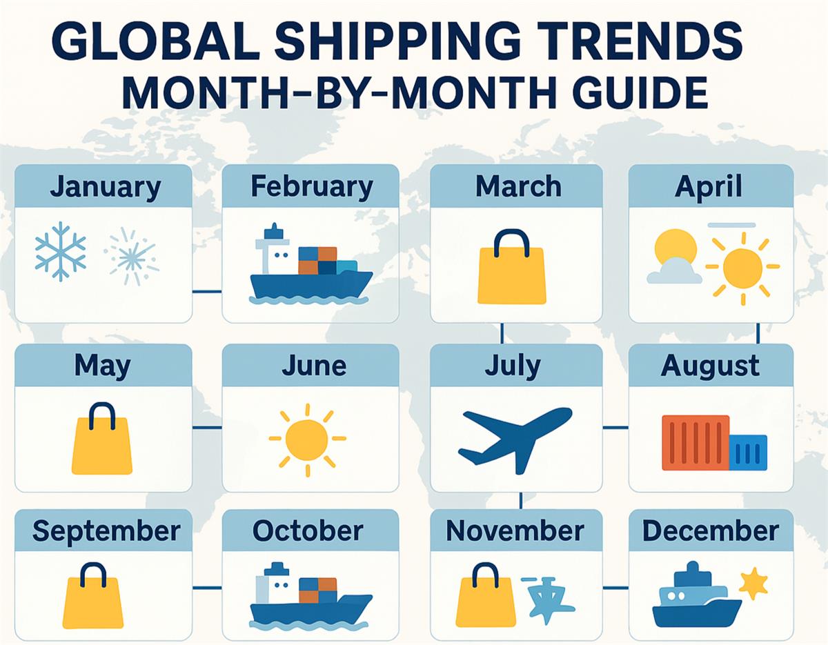 Global shipping trends infographic with monthly calendar and logistics icons