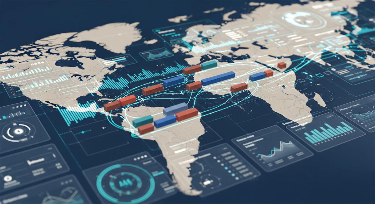 AI-powered global trade map showing shipping routes, containers, and data analytics for simplified logistics