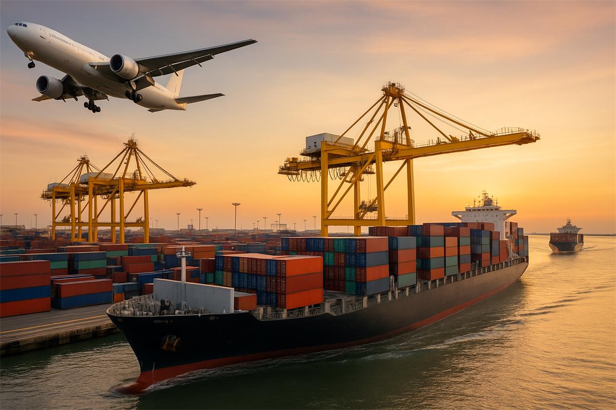 global e-commerce logistics port with cargo ships and airplane