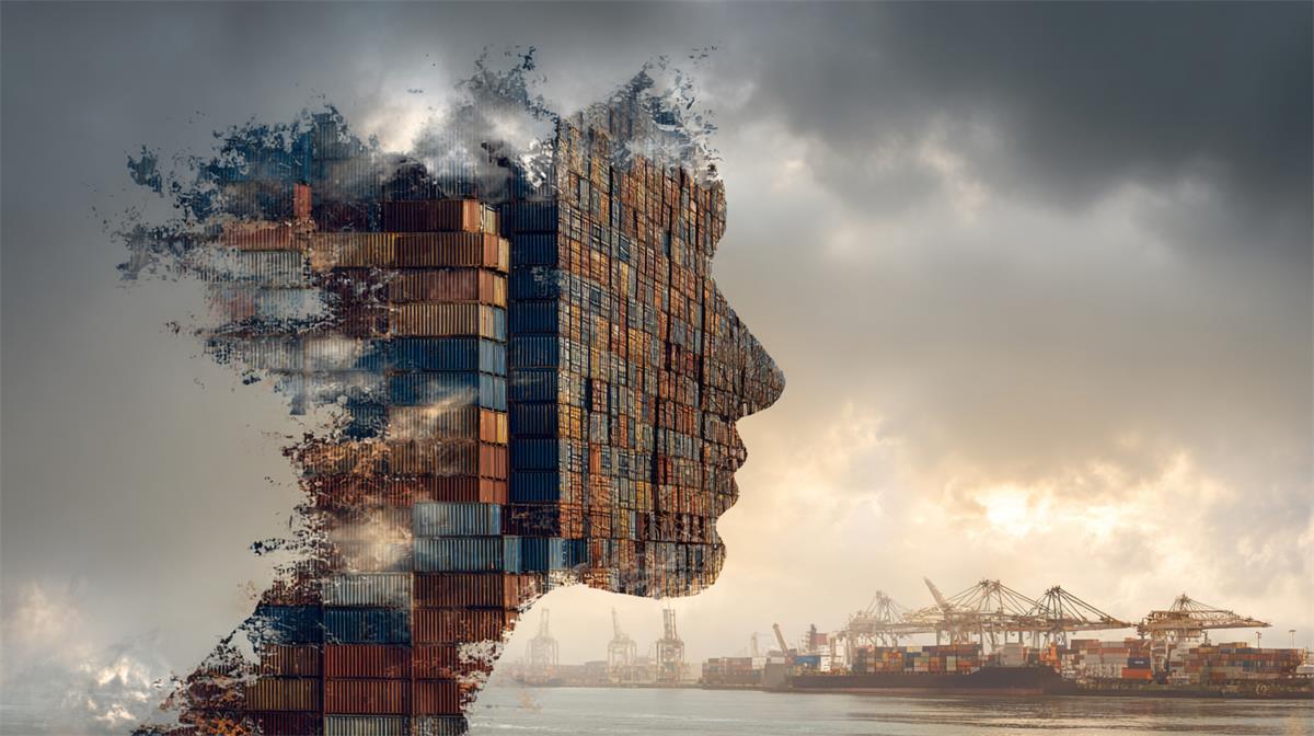 Double exposure of a human head silhouette filled with cargo containers, overlaid on a busy port with ships and cranes under a cloudy sky.