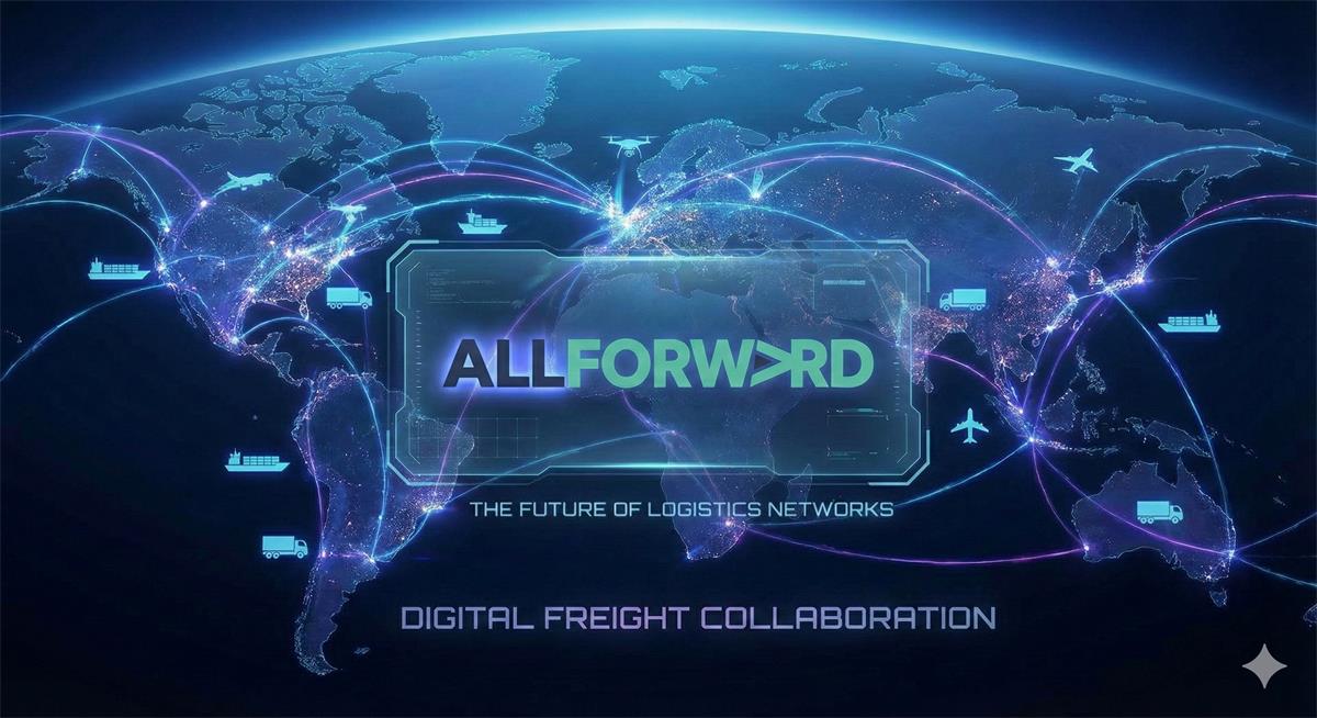 Digital Freight Forwarders Network map illustrating global logistics collaboration and smart connectivity with the All-Forward logo.