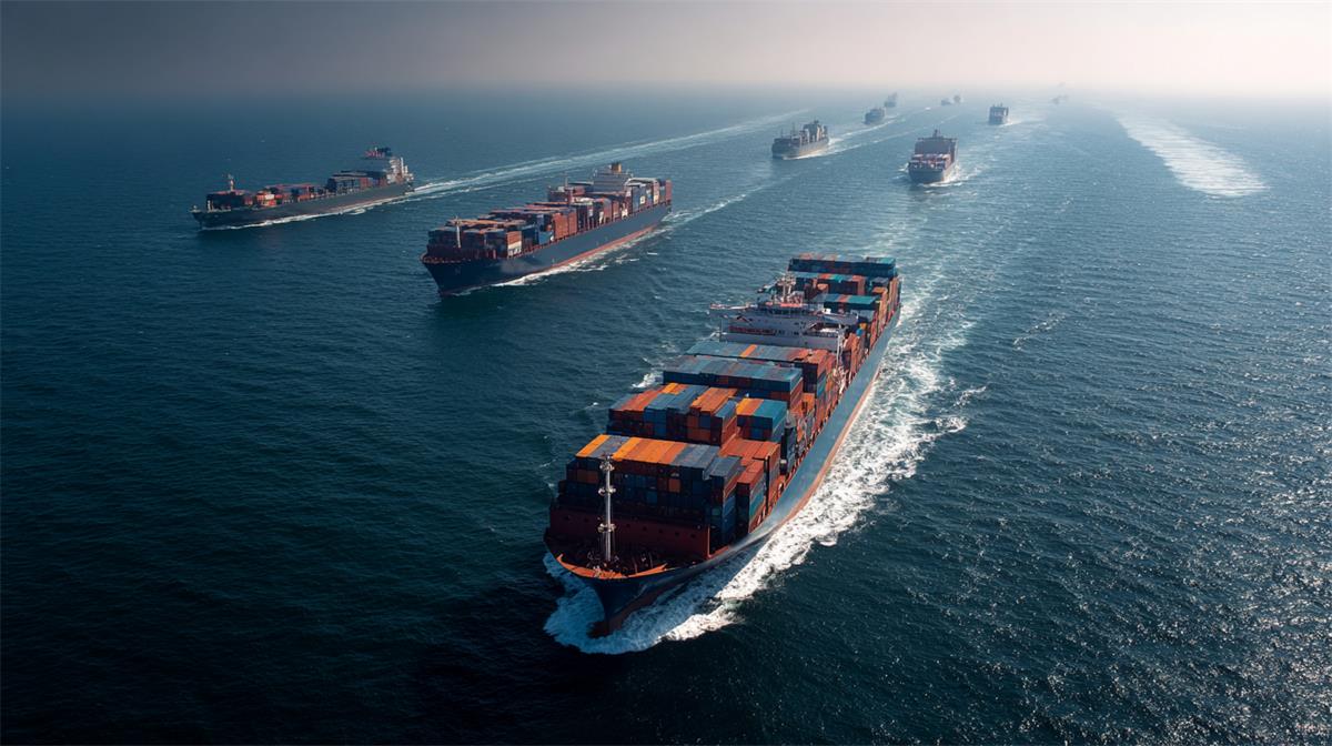 Fleet of multi-carrier container ships sailing at sea representing global shipping schedule comparison and logistics visibility.
