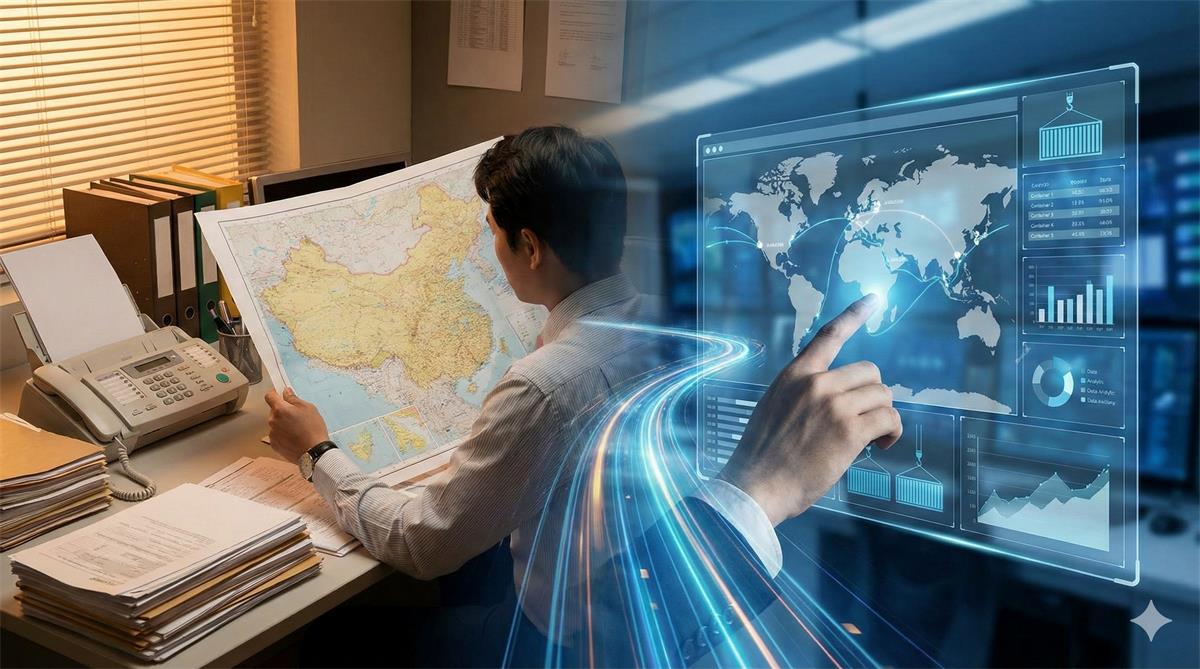 Futuristic digital forwarding network illustrating global supply chain connectivity and modern freight technology.