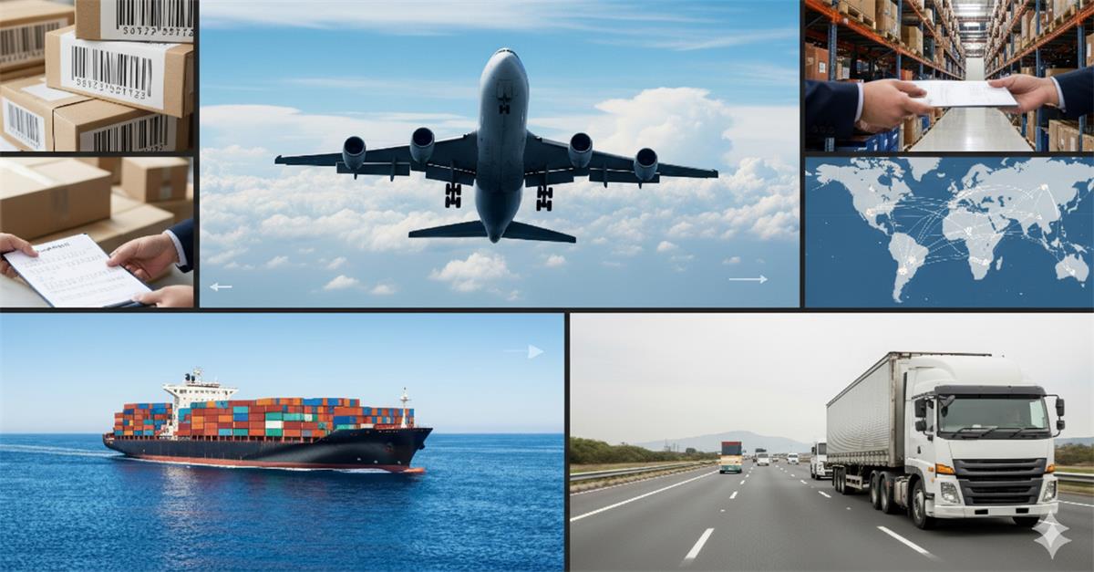 Collage of global logistics transport including container ship, cargo plane, freight truck, and warehouse operations for understanding carrier rates.