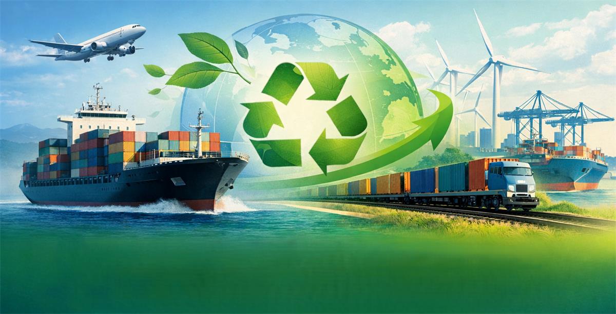 Sustainable global shipping with cargo ship, freight train, airplane and renewable energy infrastructure representing eco-friendly logistics solutions