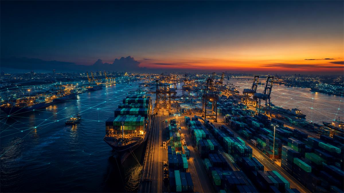 AI-powered freight forwarding operations at a global container port, illustrating digital logistics, shipment coordination, and automated supply chain management.