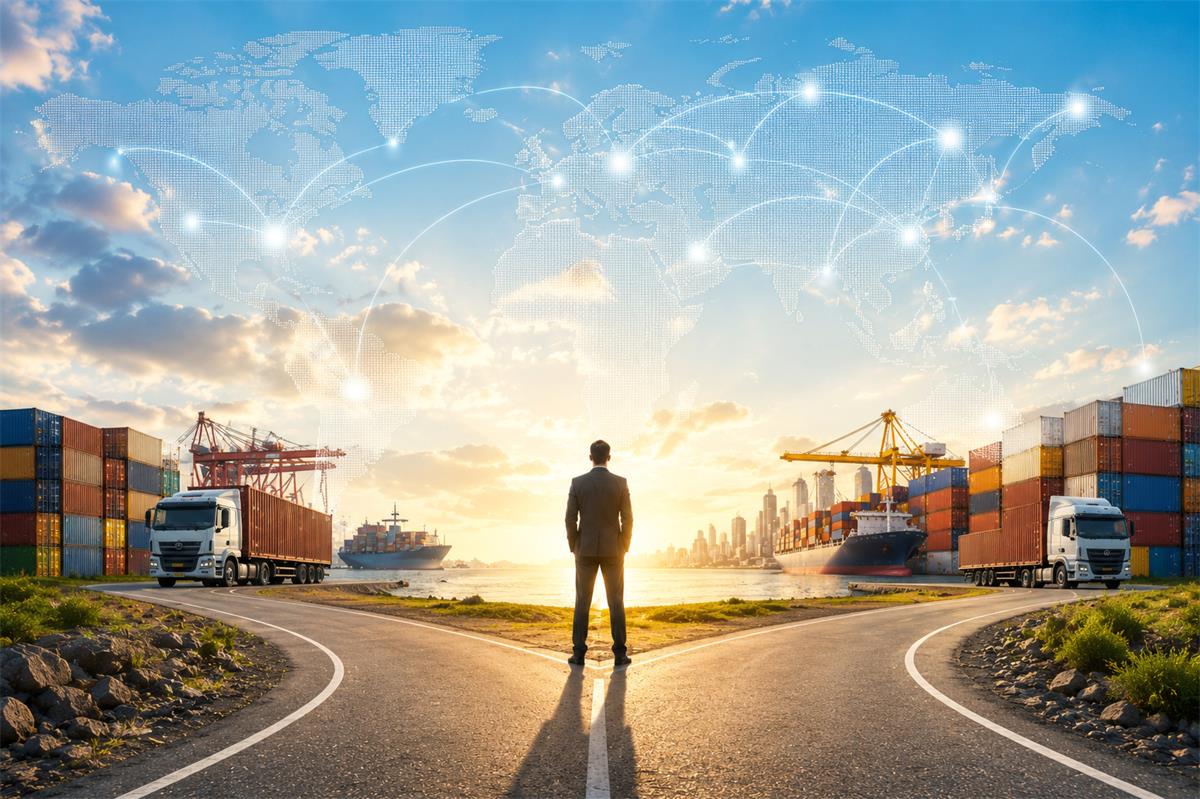Freight forwarder standing between independent operations and a connected global logistics network with digital shipment visibility and international freight infrastructure.