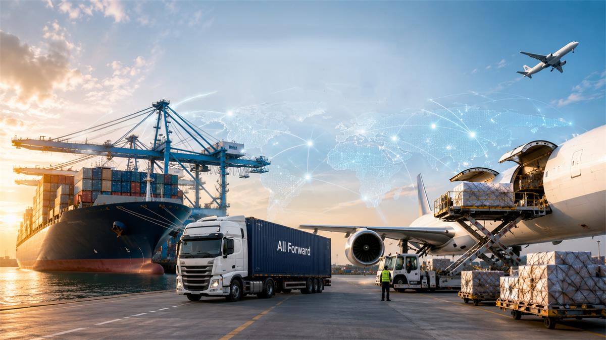 Ocean freight and air freight logistics operations with container ship and cargo aircraft transporting international shipments worldwide.