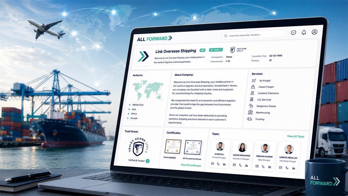 Freight forwarder company profile on All Forward showing services, Trust Score and global logistics expertise