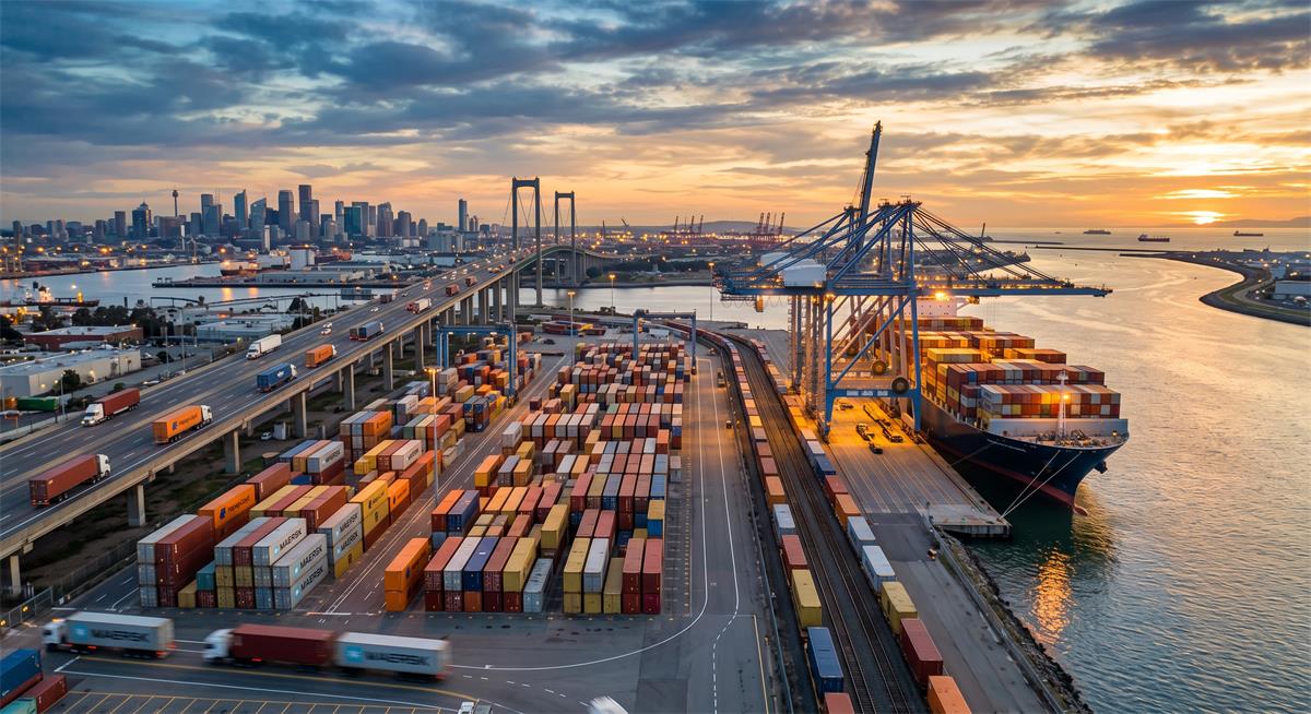 Busy container port during peak shipping season with cargo ship, freight containers, cranes and trucks