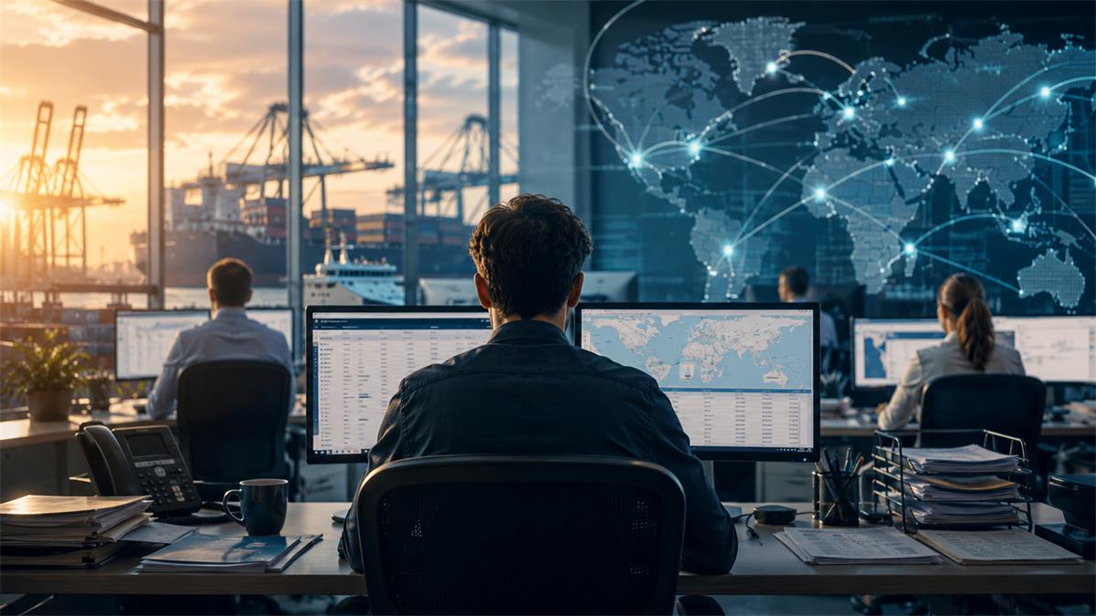 Freight forwarding team using digital automation and global logistics platform tools to manage shipments efficiently